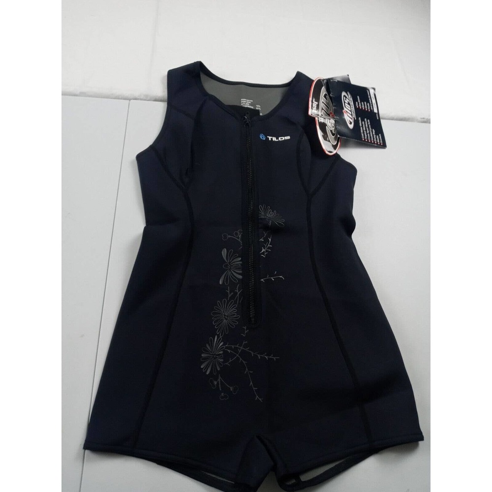 Tilos Water Wet Suit Women Size Large Black Full Zip Floral Print Shorts Style